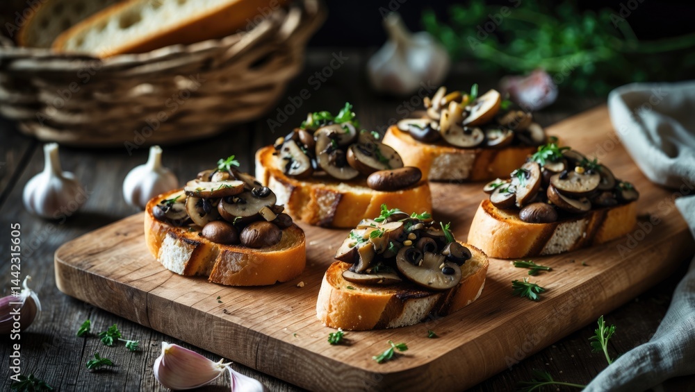 Fried baguette pieces garnished with mushrooms, garlic, and herbs Fried baguette pieces garnished with mushrooms, garlic, and herbs