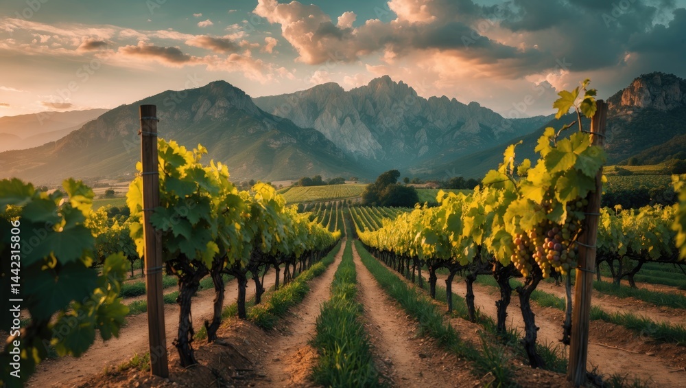 Mountain backdrop with sunset over vineyard and clusters of wine grapes