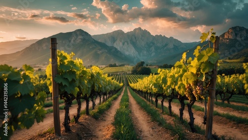 Obraz na płótnie Mountain backdrop with sunset over vineyard and clusters of wine grapes w salonie
