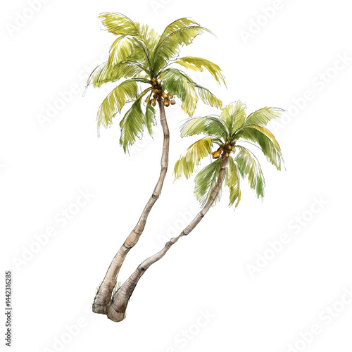 Two watercolor palm trees with coconuts are isolated on a white background.