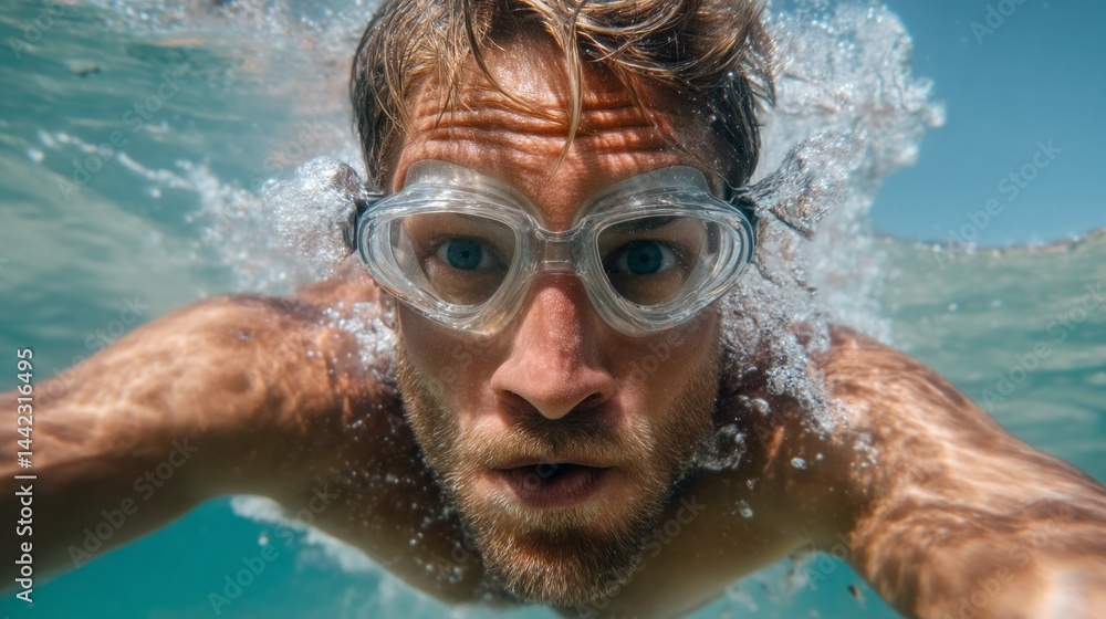 Fototapeta premium A man glides through clear water, his intense gaze fixed ahead as he swims in an underwater paradise. Surrounded by light, bubbles dance around him, enhancing the tranquility of the moment