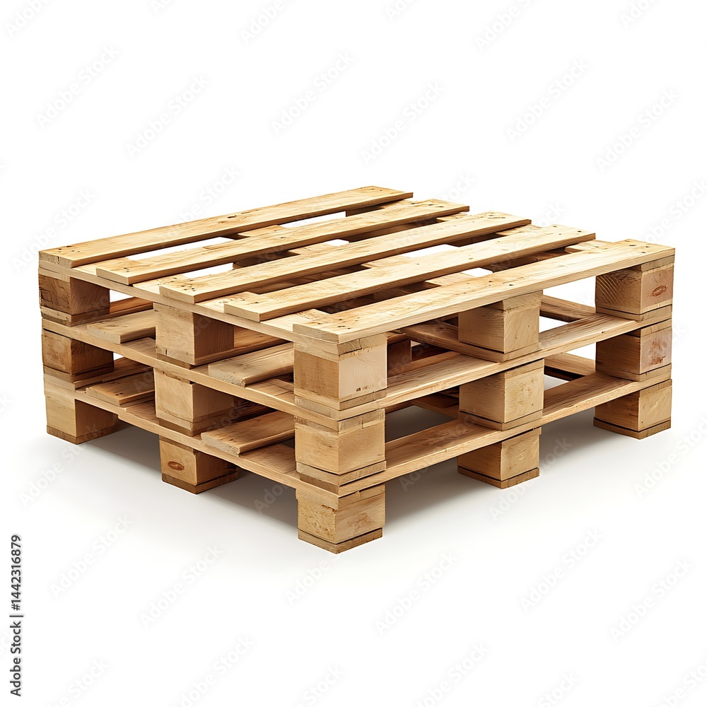 A stack of three wooden pallets on a white background in a studio shot A stack of three wooden pallets on a white background in a studio shot