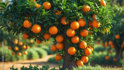 An evergreen grapefruit tree generates large, tangy citrus fruits with a subtle sweet and sour flavor, prospering in warm, sunny areas.