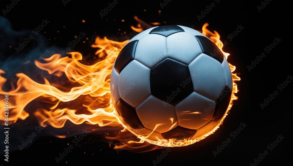 Fototapeta premium Soccer ball on fire soaring in the sky isolated on background