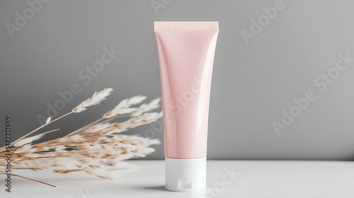 Pink tube cosmetic product with dried flowers