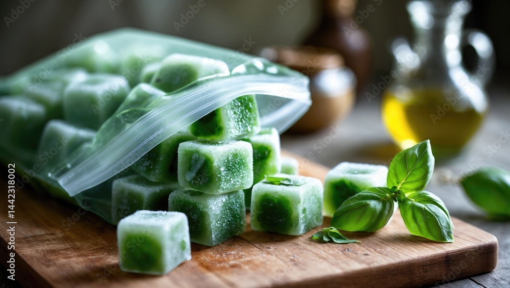 Basil leaves frozen in ice cubes accompanied by fresh basil on a table