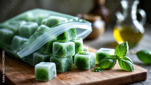 Obraz na płótnie Basil leaves frozen in ice cubes accompanied by fresh basil on a table w salonie