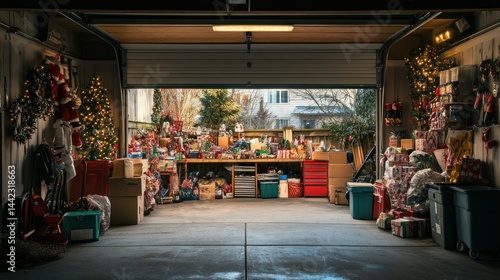 Inside a garage filled with Christmas presents and decorations
