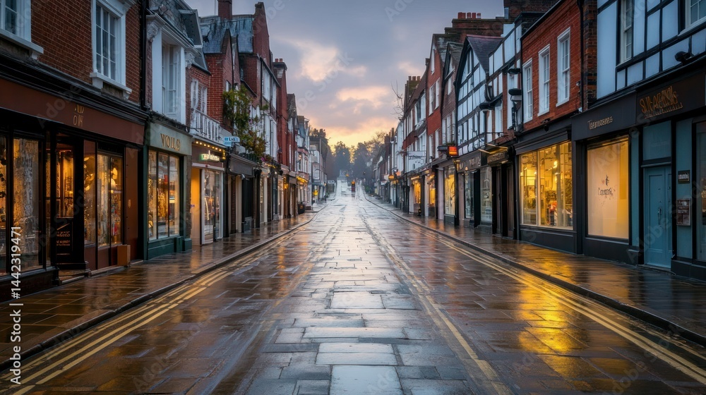 Fototapeta premium A wet cobblestone street with buildings and lit storefronts at dusk