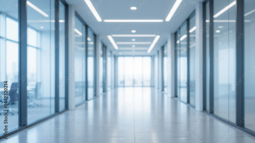 The image shows a long hallway with glass walls and white floors The image shows a long hallway with glass walls and white floors