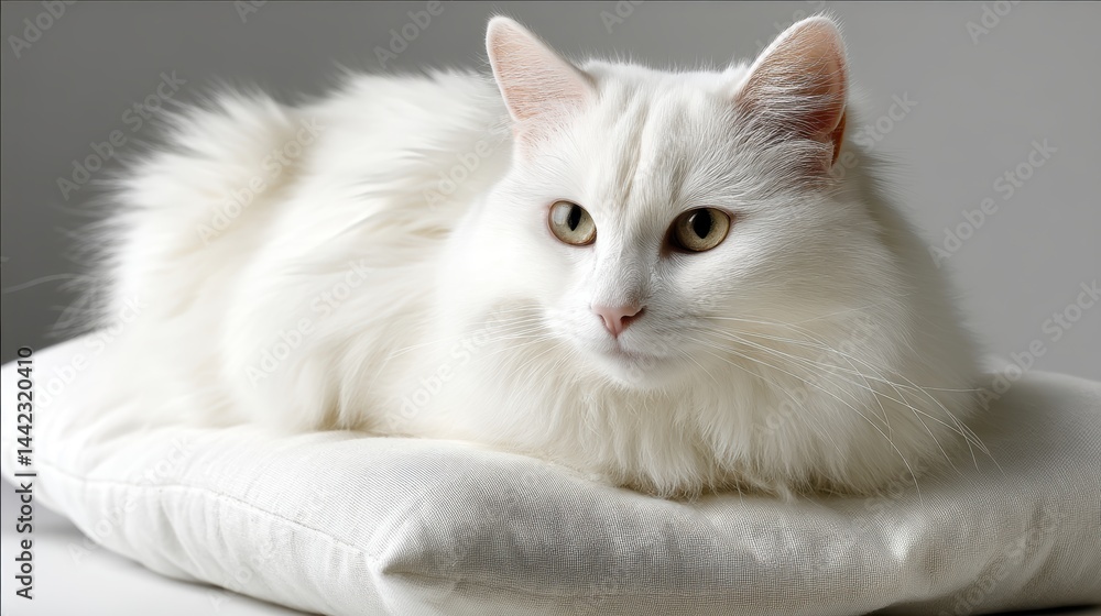 a white cat sitting elegantly on a soft pillow on a white isolated background, calm and peaceful look a white cat sitting elegantly on a soft pillow on a white isolated background, calm and peaceful look