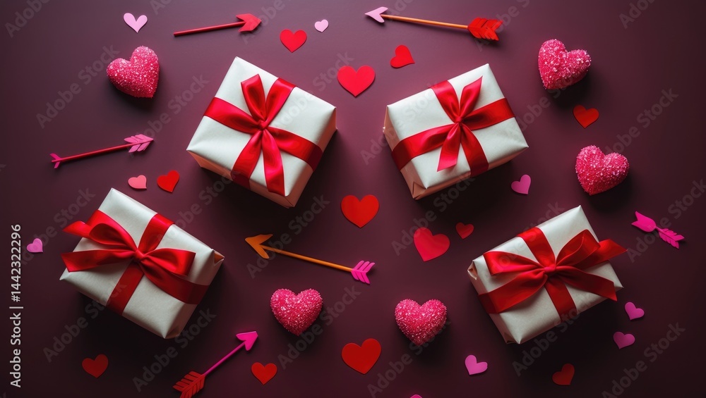 Banner design for Valentine's Day on social media showcasing gift boxes, arrows, and heart confetti in the background. Banner design for Valentine's Day on social media showcasing gift boxes, arrows, and heart confetti in the background.