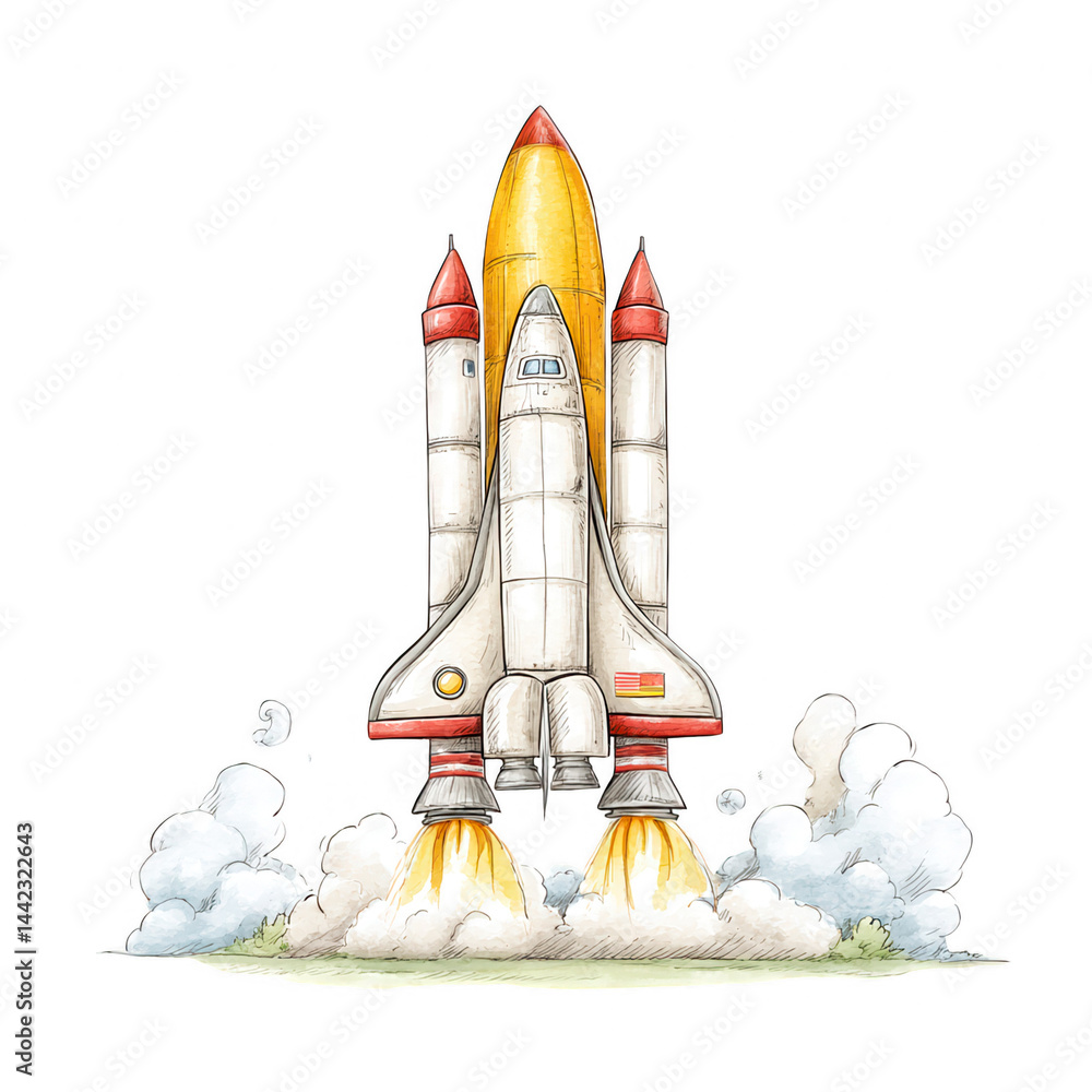 Naklejka premium A cartoon space shuttle takes off from Earth on a mission to the stars.