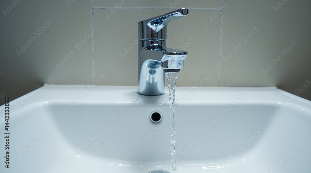 The image shows a white sink with a faucet running out of it The image shows a white sink with a faucet running out of it