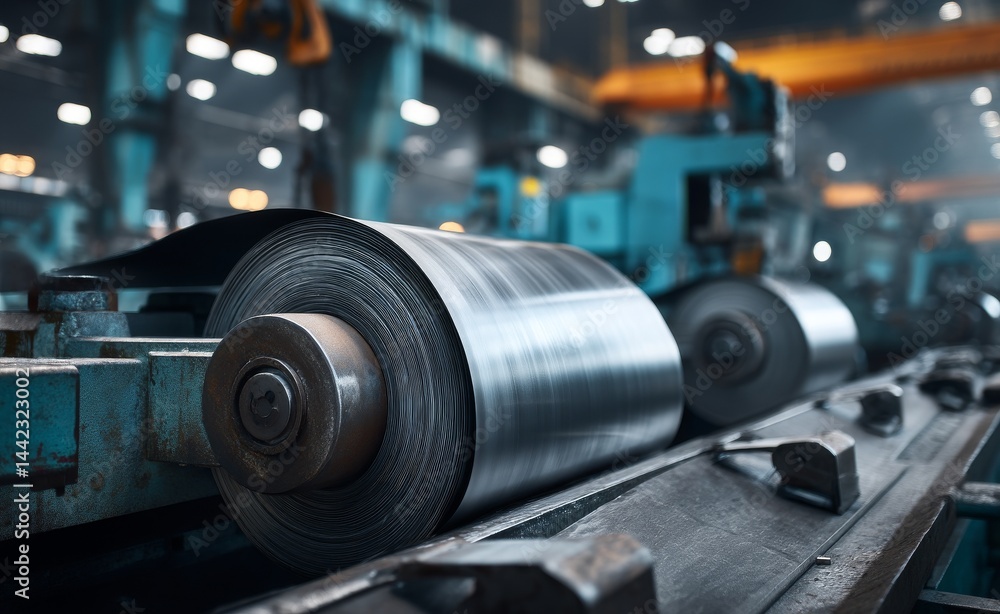 Naklejka premium A business concept is illustrated by a machine that produces metal coils, situated in the interior of a factory