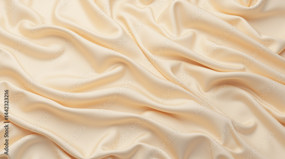 The image shows a close up of a beige satin fabric with folds and creases The image shows a close up of a beige satin fabric with folds and creases