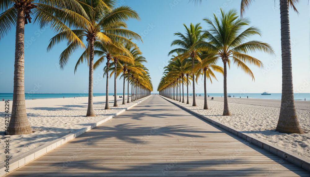 Obraz premium The image shows a boardwalk lined with palm trees on the beach