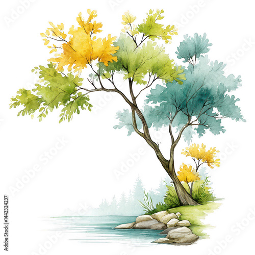 Watercolor painting shows a lovely tree bending towards the still water edge.