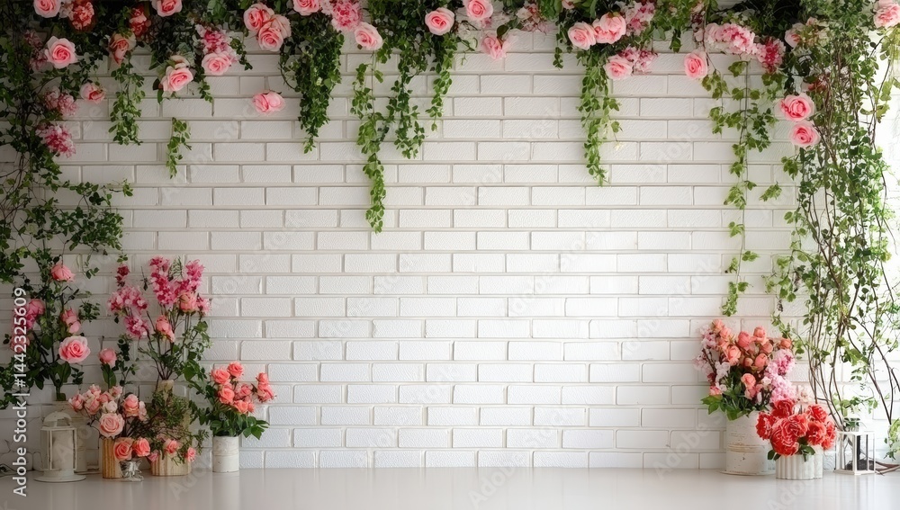 Naklejka premium A under 200 characters: Elegant white brick wall decorated with cascading pink flowers and green vines, creating a fresh, romantic floral backdrop.
