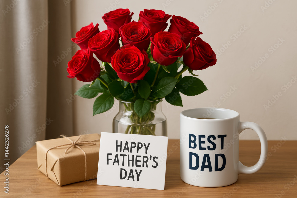 Festive Father's Day Arrangement with Roses, Gift, and a Celebratory Coffee Mug