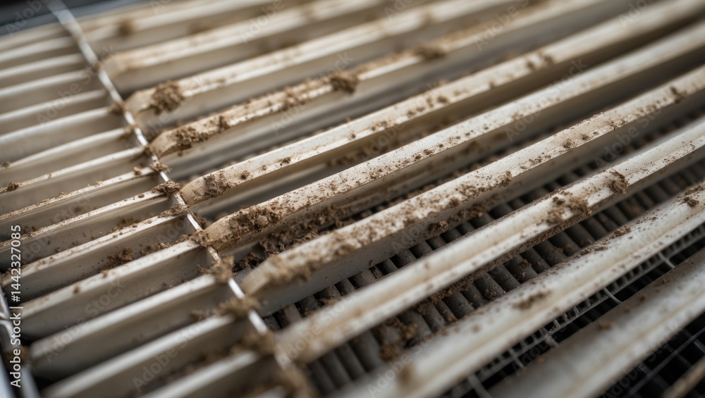 Obraz premium Extremely filthy air ventilation grill showing a clogged and dusty filter, close-up macro image. Regular cleaning and sanitizing are needed to avert dust allergies and other lung issues. Shallow