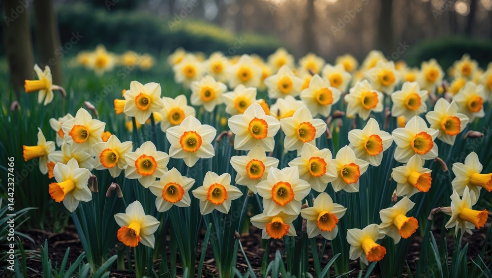 Fototapeta premium Garden filled with blooming yellow daffodils