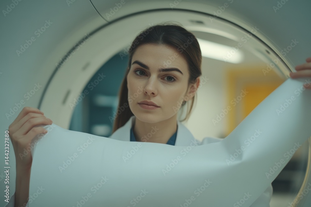 The beautiful doctor sits near a computed tomography scanner, looking at an x-ray diagnosis The beautiful doctor sits near a computed tomography scanner, looking at an x-ray diagnosis