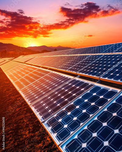 Solar farms reflecting vibrant orange and red sunsets