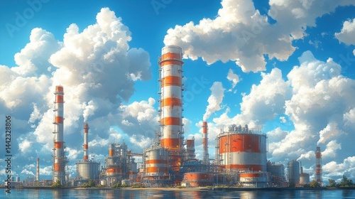Coastal Refinery Under a Cloudy Sky: A Digital Painting of an Industrial Complex by the Sea