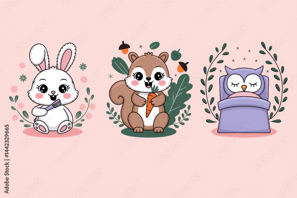 Obraz premium Cute woodland animals: bunny, squirrel, and sleeping owl on pink background