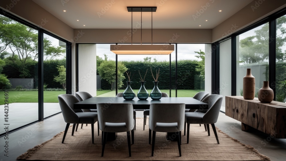 Fototapeta premium Chic modern dining area displays a black dining table under a rectangular chandelier, surrounded by gray velvet dining chairs on a sisal rug, with a rustic console table accentuating the space.