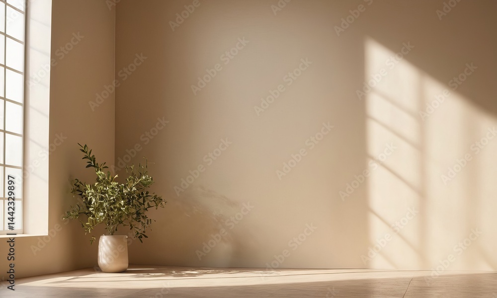 Serene interior space with natural light and botanical accent for creative uses Serene interior space with natural light and botanical accent for creative uses