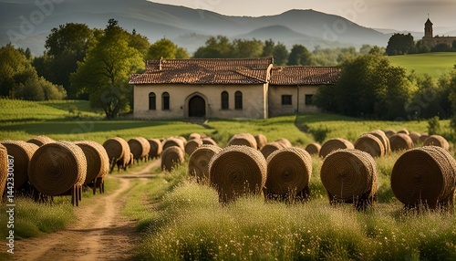 Hay Bales and a Farmhouse in a Rolling Landscape