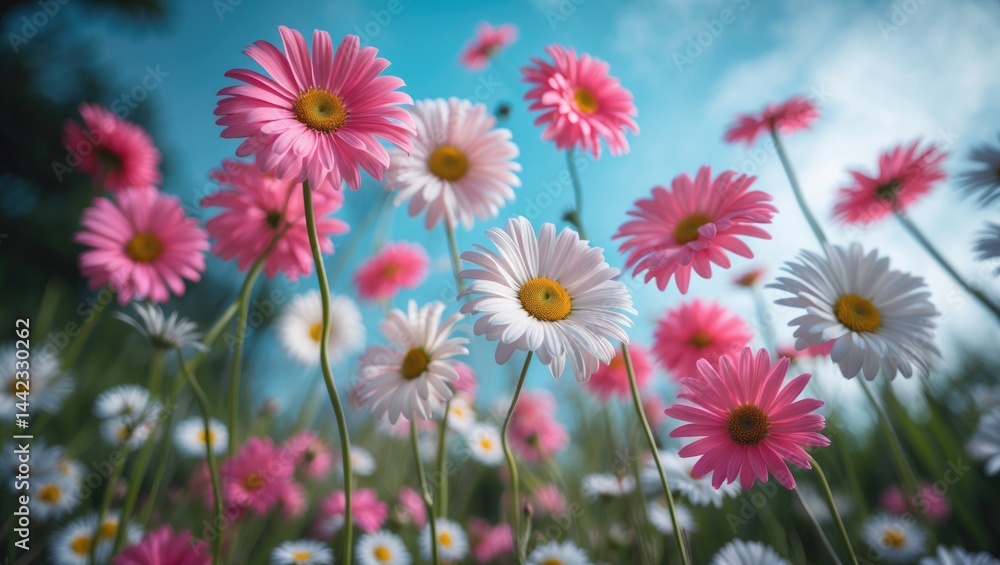 A spring background filled with pink and white everlasting daisies, strawflowers, and Rhodanthe Asteraceae, referred to as paper daisy or pink paper daisy A spring background filled with pink and white everlasting daisies, strawflowers, and Rhodanthe Asteraceae, referred to as paper daisy or pink paper daisy