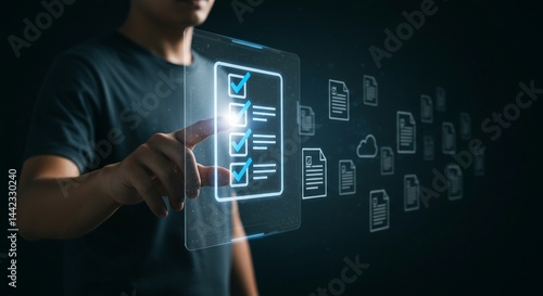 A digital concept image of a human hand pointing toward a glowing virtual checklist icon. The checklist is displayed on a futuristic transparent screen with blue checkmarks.