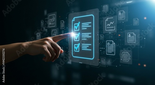 A digital concept image of a human hand pointing toward a glowing virtual checklist icon. The checklist is displayed on a futuristic transparent screen with blue checkmarks.