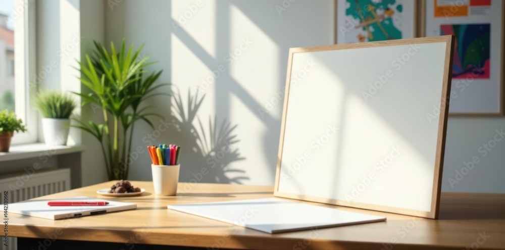 Fototapeta premium Clean whiteboard with colorful markers, sitting on a table in a sunlit room, supplies, sunlit