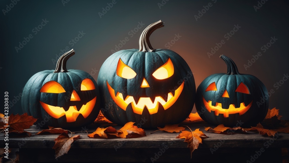Autumn leaves and wooden background featuring Jack o'lantern pumpkin faces Autumn leaves and wooden background featuring Jack o'lantern pumpkin faces