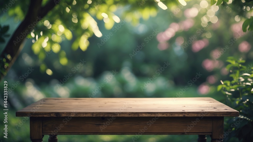 Fototapeta premium Blurred garden backdrop behind a wooden desk