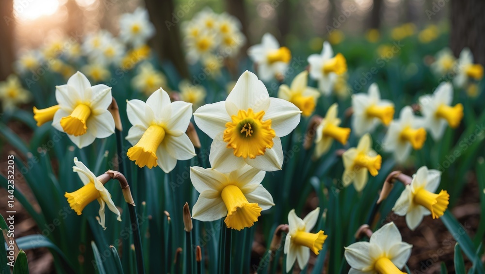 Trumpet-shaped wild daffodil flowers from Amaryllidaceae perennial bulbous plants Trumpet-shaped wild daffodil flowers from Amaryllidaceae perennial bulbous plants