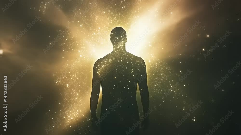 Silhouette of a person standing against a cosmic backdrop filled with stars and light, suggesting introspection