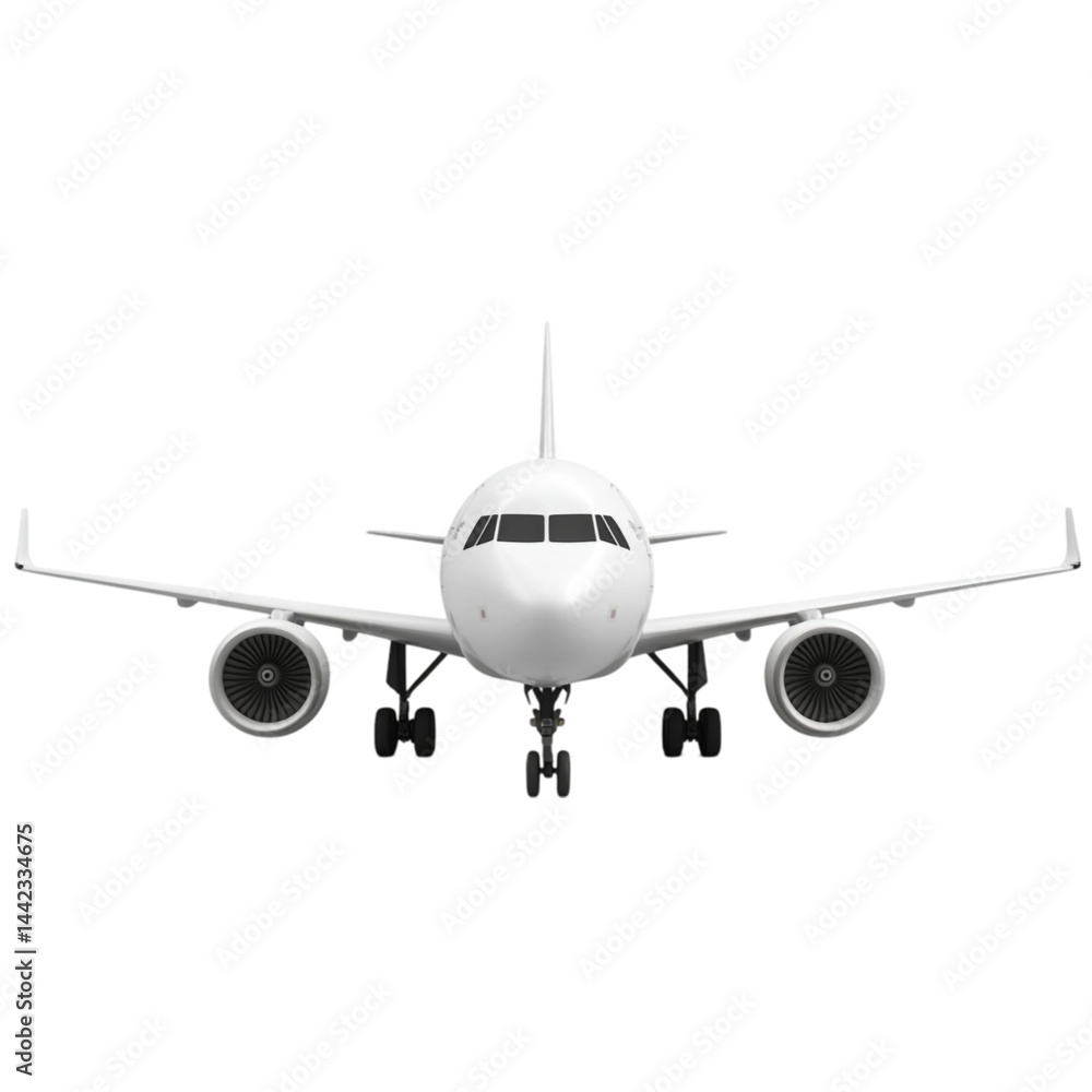 Front view of a white passenger airplane on the ground ready for takeoff Front view of a white passenger airplane on the ground ready for takeoff