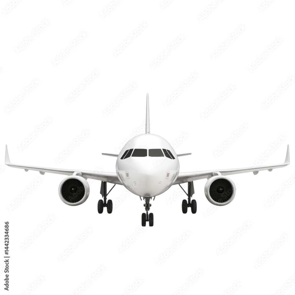 White airplane front view powerful engines ready for takeoff travel journey aviation flight White airplane front view powerful engines ready for takeoff travel journey aviation flight