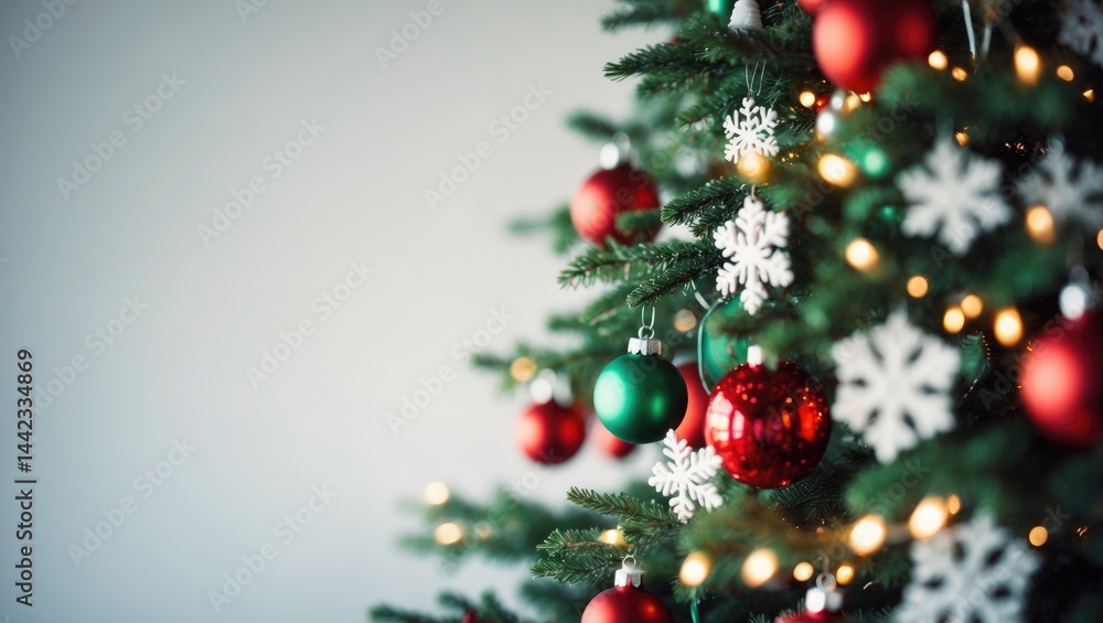 Close-up of a Christmas tree with decorations isolated on white, right side view, holiday-themed blank area Close-up of a Christmas tree with decorations isolated on white, right side view, holiday-themed blank area
