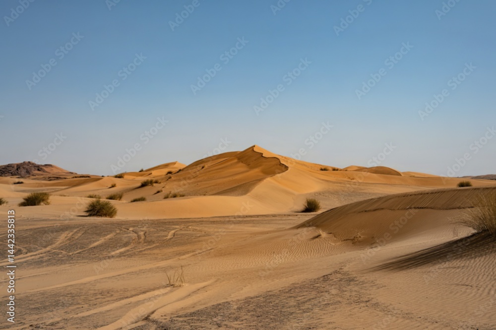 A photograph of vast sand dunes in the desert under a clear blue sky. A photograph of vast sand dunes in the desert under a clear blue sky.