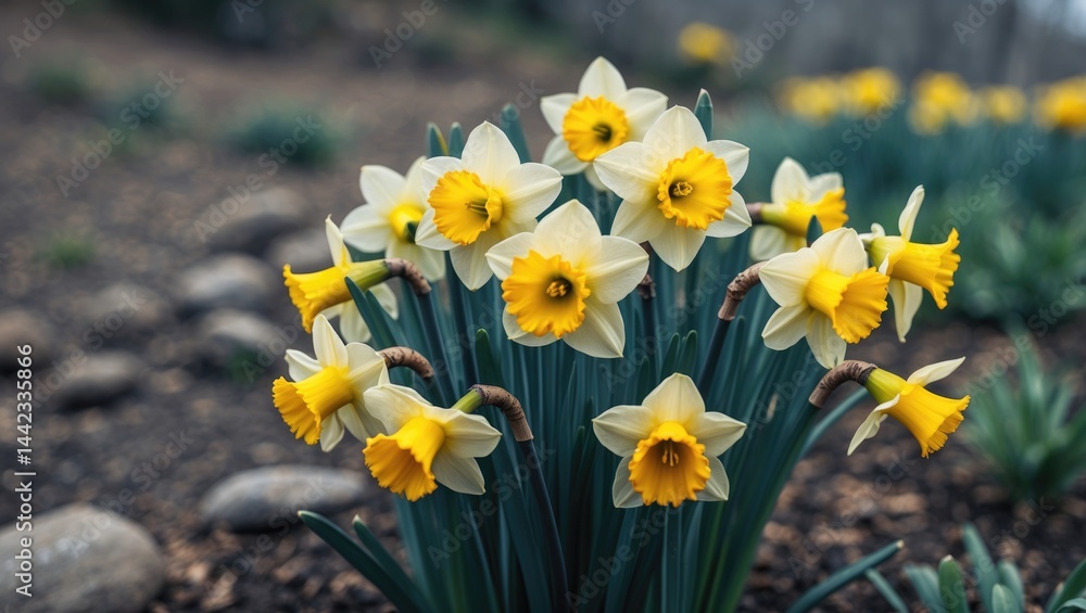 Bunch of yellow Daffodils in a flowerbed captured in close-up Bunch of yellow Daffodils in a flowerbed captured in close-up
