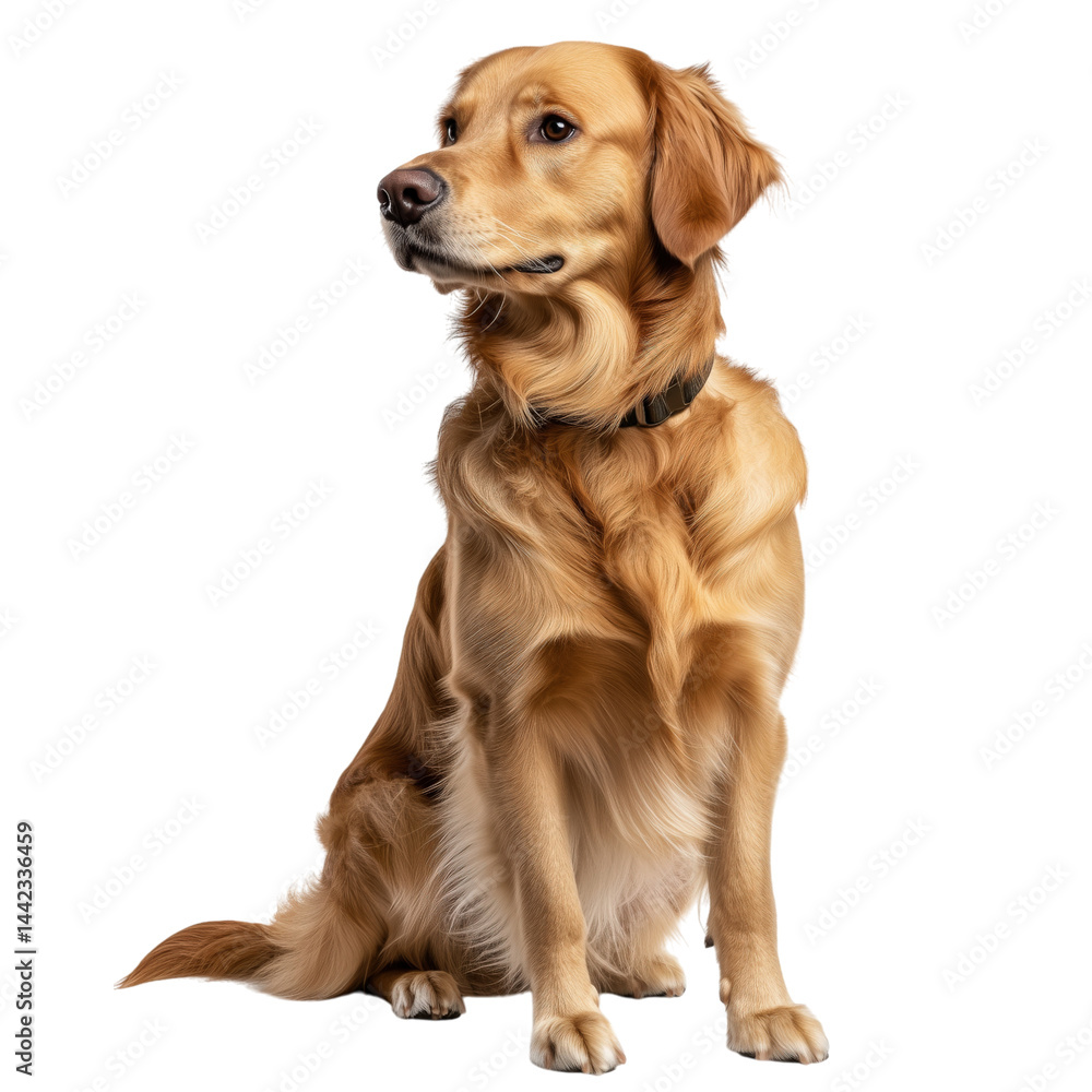 Side view of a golden Labrador Retriever dog sitting and looking up, cut out, isolated on a transparent background, no shadow.