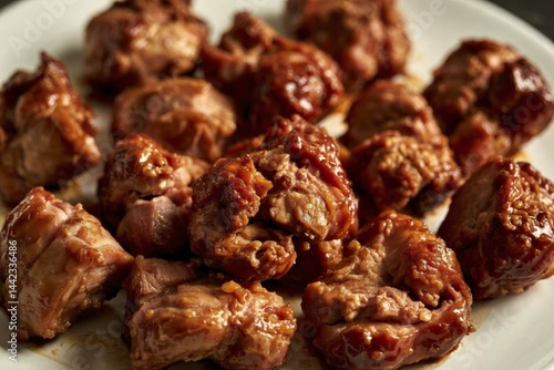 glazed pork meat pieces cooked to a golden-brown hue