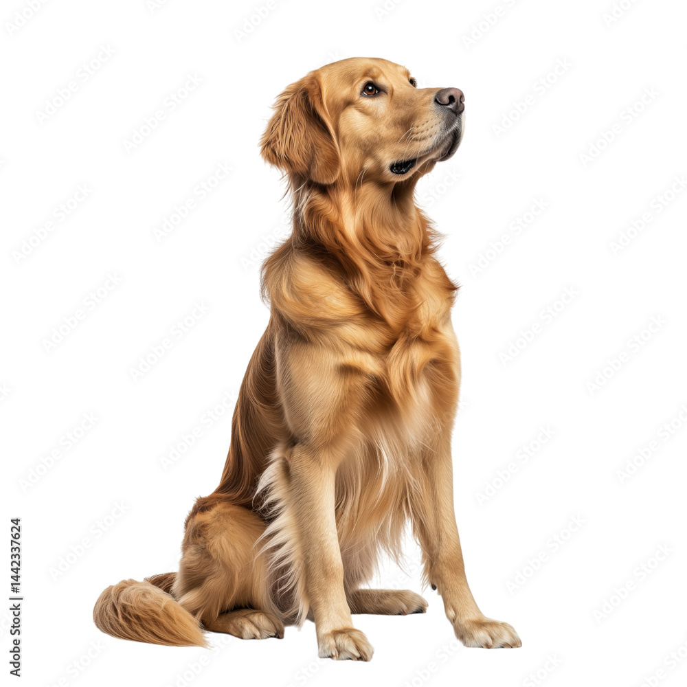 Side view of a golden Labrador Retriever dog sitting and looking up, cut out, isolated on a transparent background, no shadow.