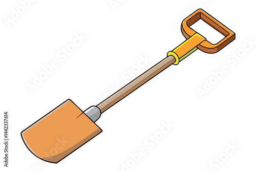 Cartoon shovel with a bright orange handle and wooden shaft on a Transparent Background, perfect for outdoor work and gardening activities